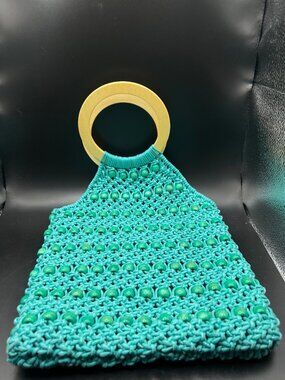 Handcrafted Turquoise Beaded Crochet Bag Wooden Ring Handles Boho Beach Hippie
